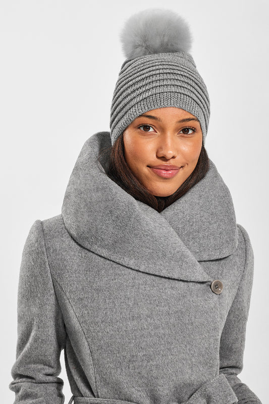 Sentaler Adult Ribbed Hat With Oversized Fur Pompon featured in Baby Alpaca and available in Grey. Seen from front 1.