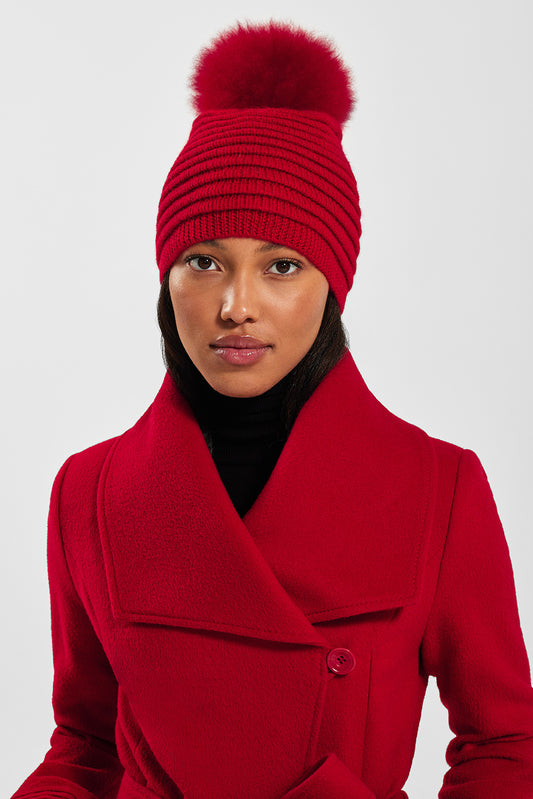 Sentaler Adult Ribbed Hat With Oversized Fur Pompon featured in Baby Alpaca and available in Red. Seen from front 1.