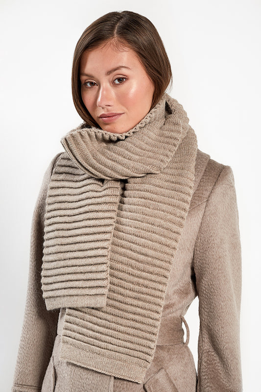 Sentaler Adult Ribbed Scarf featured in Baby Alpaca and available in Light Taupe. Seen from front.