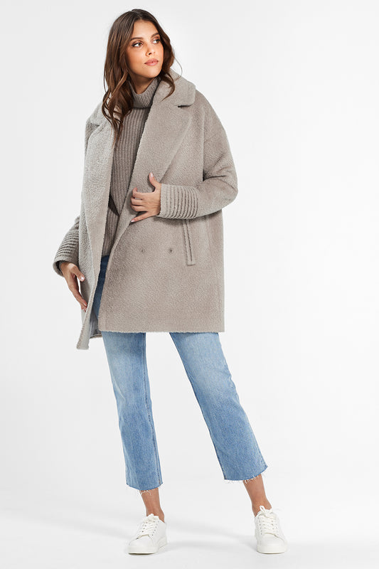 Sentaler Bouclé Alpaca Mid Length Oversized Notched Collar Coat featured in Bouclé Alpaca and available in Sand. Seen open.