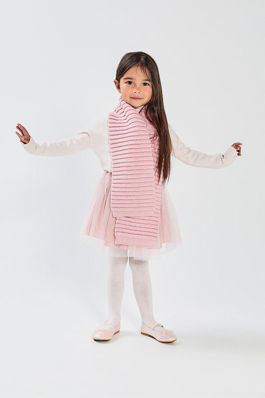 Sentaler Kids (1-5 Years) Ribbed Scarf featured in Baby Alpaca and available in Pink. Seen from front on model.