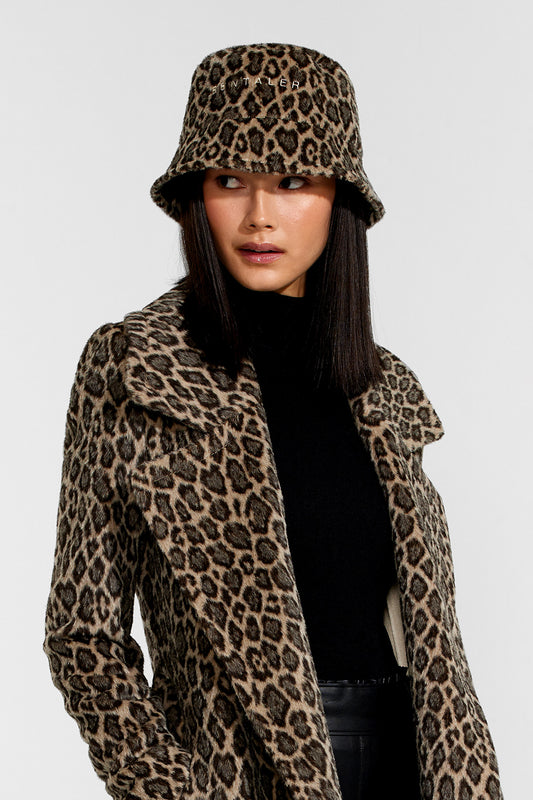 Sentaler Leopard Alpaca Long Notched Collar Wrap Coat and Bucket Hat featured in Suri Alpaca and available in Leopard. Seen from front open close up on model.