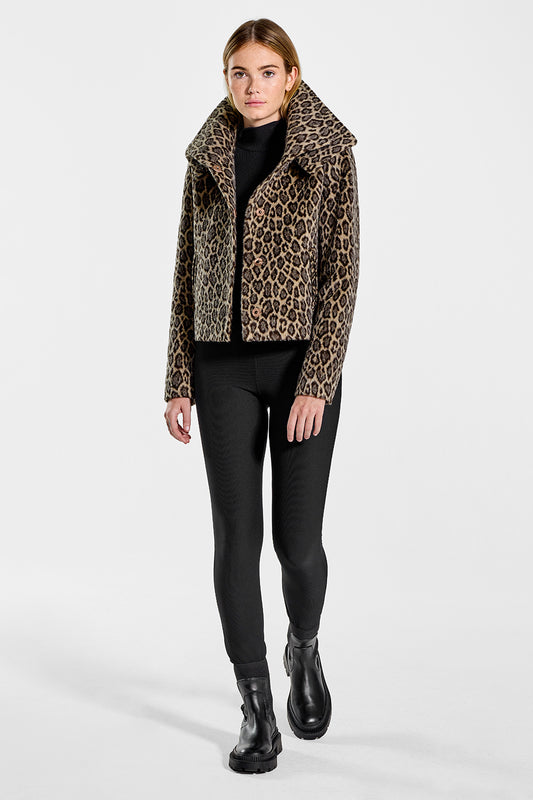 Sentaler Leopard Moto Jacket with Signature Double Collar featured in Suri Alpaca and available in Leopard. Seen from front open on model.