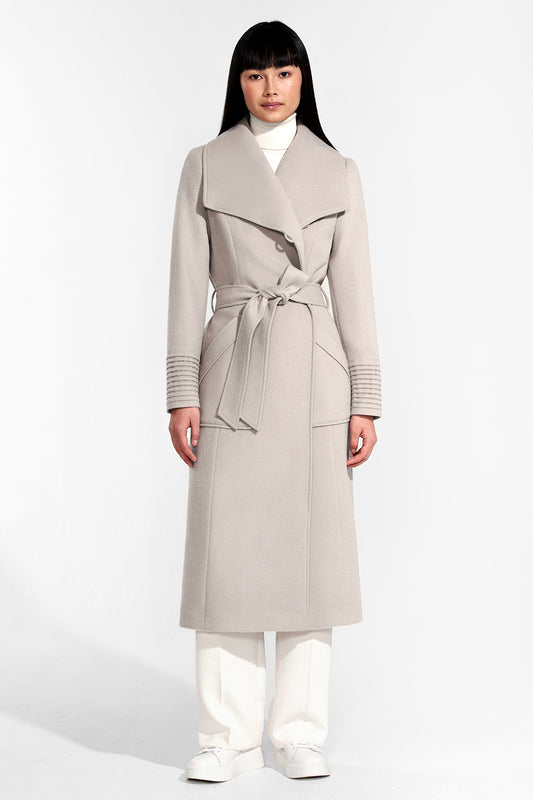 Sentaler Long Wide Collar Wrap Coat featured in Baby Alpaca and available in Bleeker Beige. Seen from front.