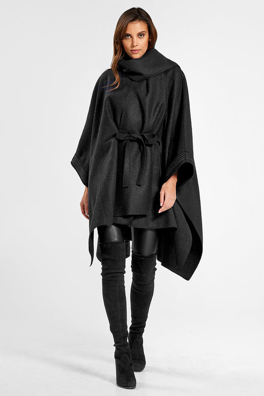 Sentaler Poncho with Shawl Collar and Belt featured in Superfine Alpaca and available in Black. Seen from front on model.